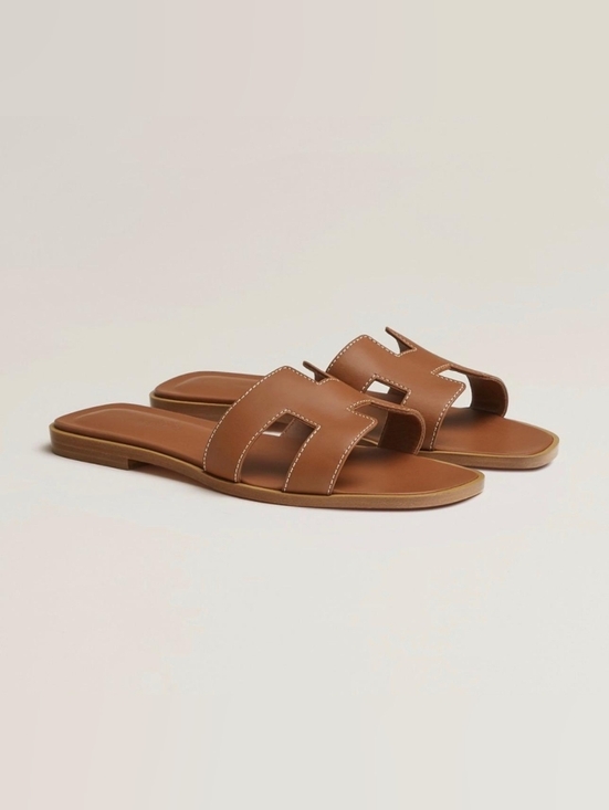 Hermes Shoes - Hermes Oran Brown Leather Slide Sandals